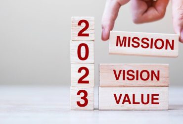 wooden block with text 2023 MISSION, VISION and VALUE